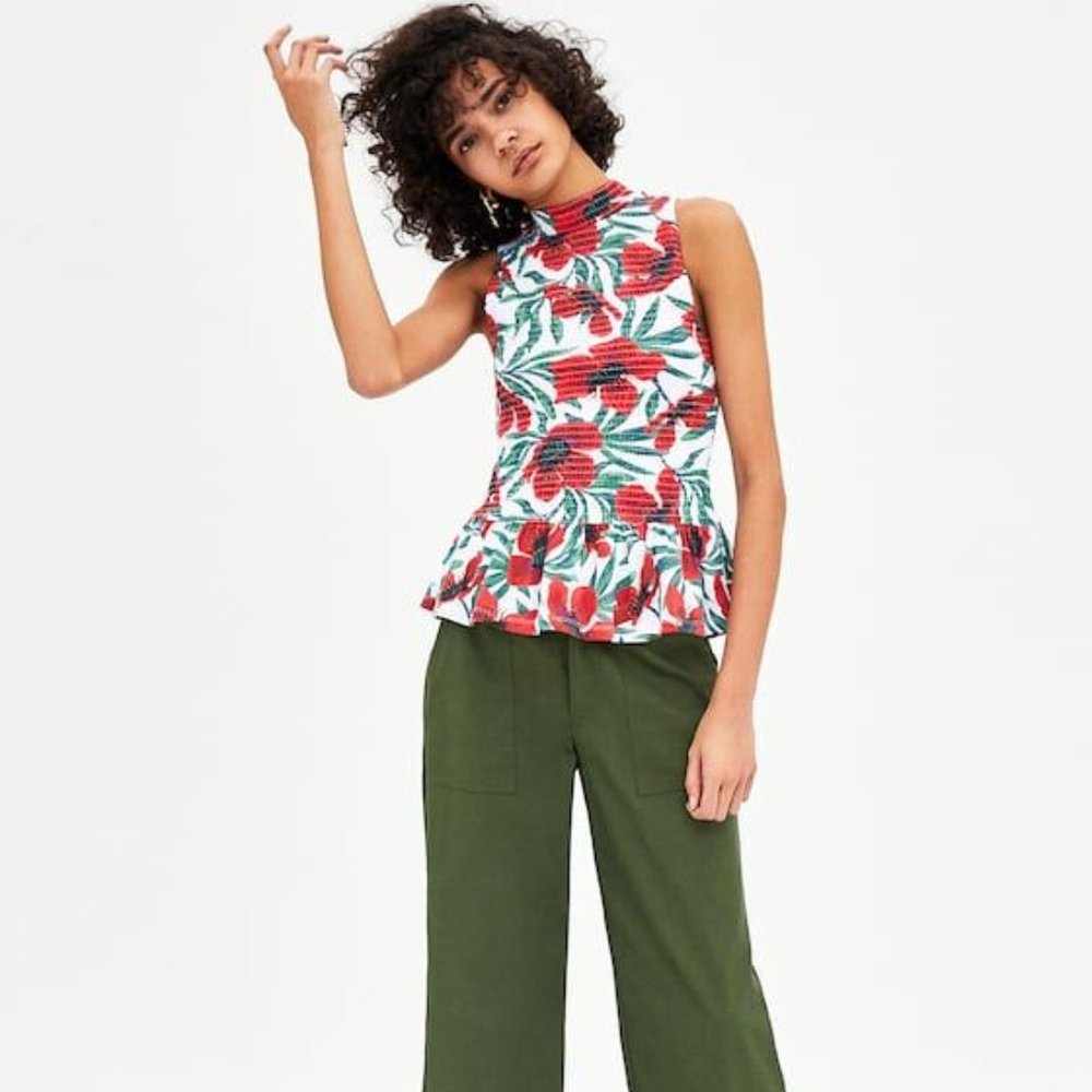 ZARA Floral Print High Neck Tank w/ Ruffles